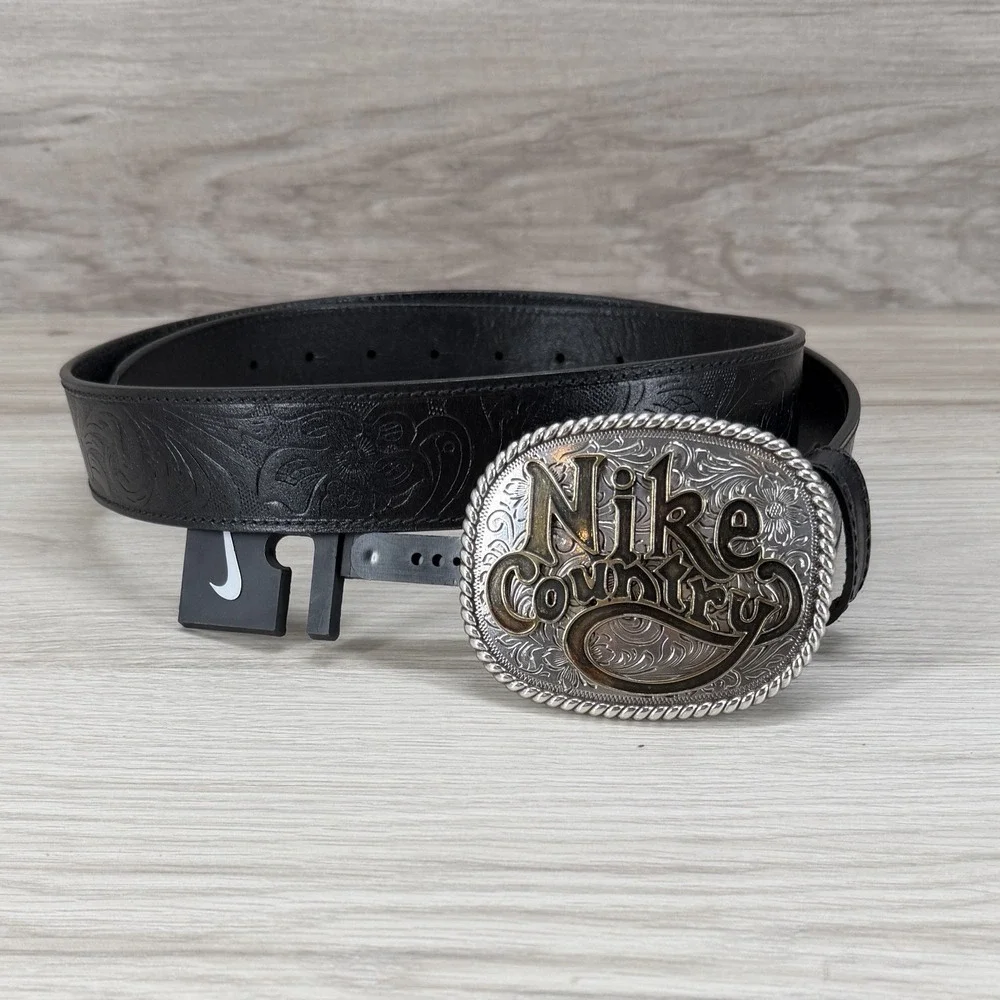Nike Country Belt Men's Plaque Buckle Embossed Black Leather Belt Size L 38-40